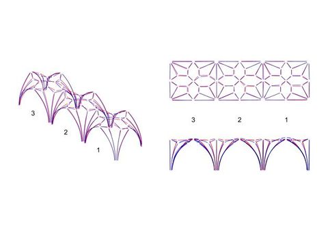 Digital drawings. Two diagrams of the ribbing in three bays of a vaulted ceiling in Wells Cathedral show the bays in space, as a flat plan, and as an elevation. A red schematic is overlaid with a blue one. The lines nearly but don't exactly overlap.