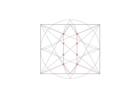 Diagram. Two wide grey X’es create zigzags in a rectangle. Curving grey lines create lobes in each corner. Red lines follow the X-ed lines from the corners to where they intersect with the curving lines. Then the red lines angle into a V (or upside-down V) to meet the middle of the top and bottom of the rectangle.