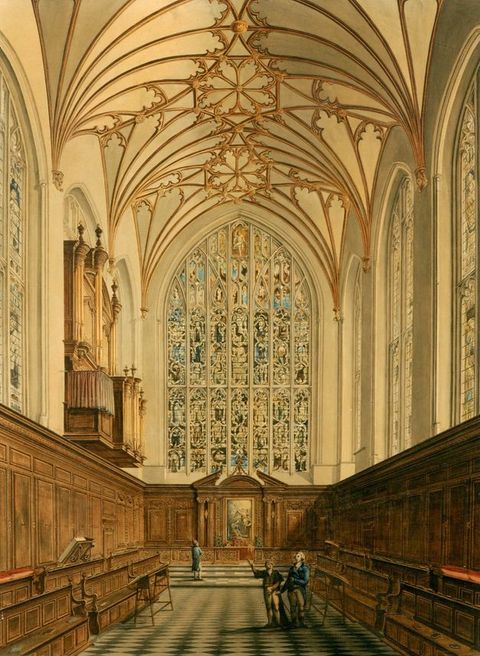 Watercolour. A pointed-arched stained glass window that fills the whole end wall opposite us dominates the space of this chapel. The lowest level has wood panelling around built-in bench seats. Windows soar to the intricate gold web of the groin vault above.