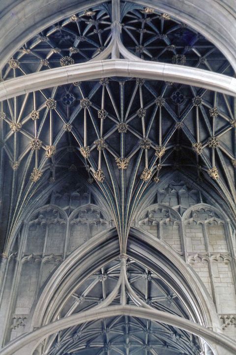 Architecture. The vault behind a pointed arch is filled with nets of ribbing with gold rosettes at the intersections. The nets funnel into three points. What appears to be freestanding ribbing drops from the centre funnel and curves down and out, like a coat hanger.