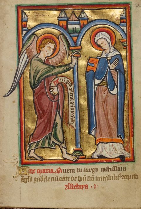 Illumination. A winged angel and a woman each stand under their own arch. The angel, Gabriel, holds a scroll with writing in one hand and holds up his other hand to the Virgin Mary, who stands to our right. Calligraphic writing in brown and red ink is below.