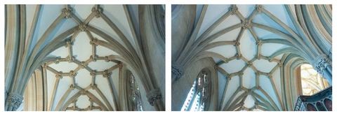 Architecture. Two photographs show ribbed vaults. The ribs are pale grey carved stone and the ceiling between appears like white plaster.