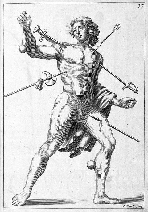 Print. A muscular nude man with wavy hair strides to our right, one arm raised. An arrow, spear, halberd, sword, and dagger pierce his skin, and two cannonballs strike his arm and leg.